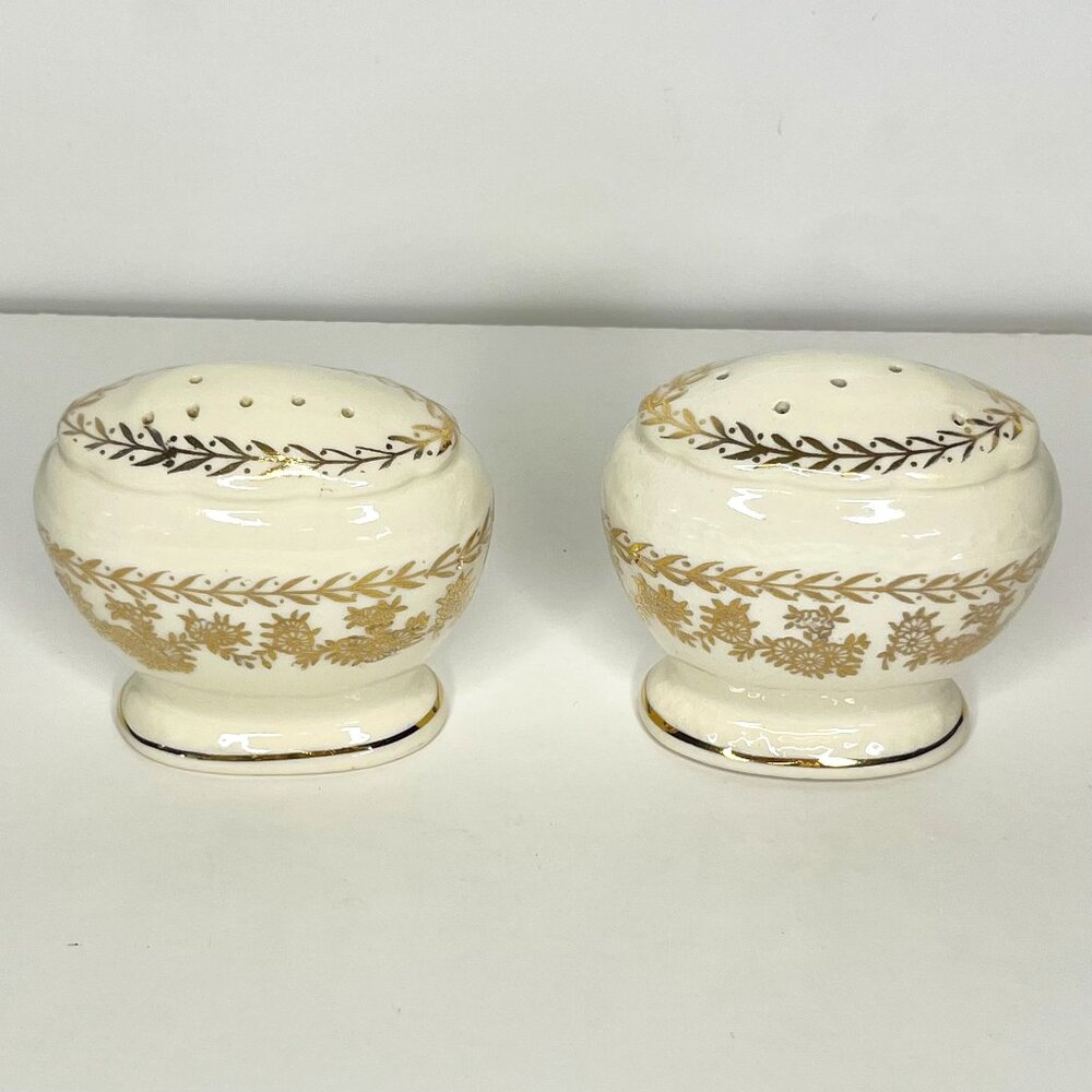Vtg Stetson "American Beauty" Cream & Gold Salt & Pepper Shaker Gold Trim